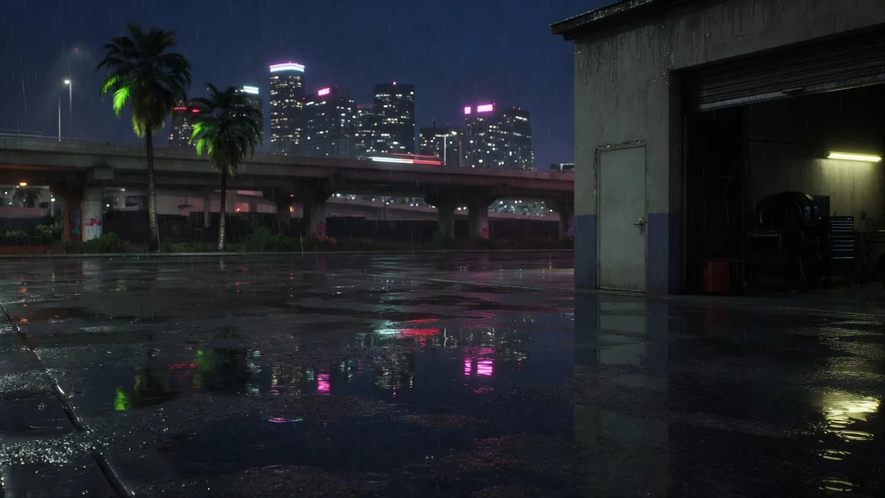 Original illustration of a wet night street under an overpass